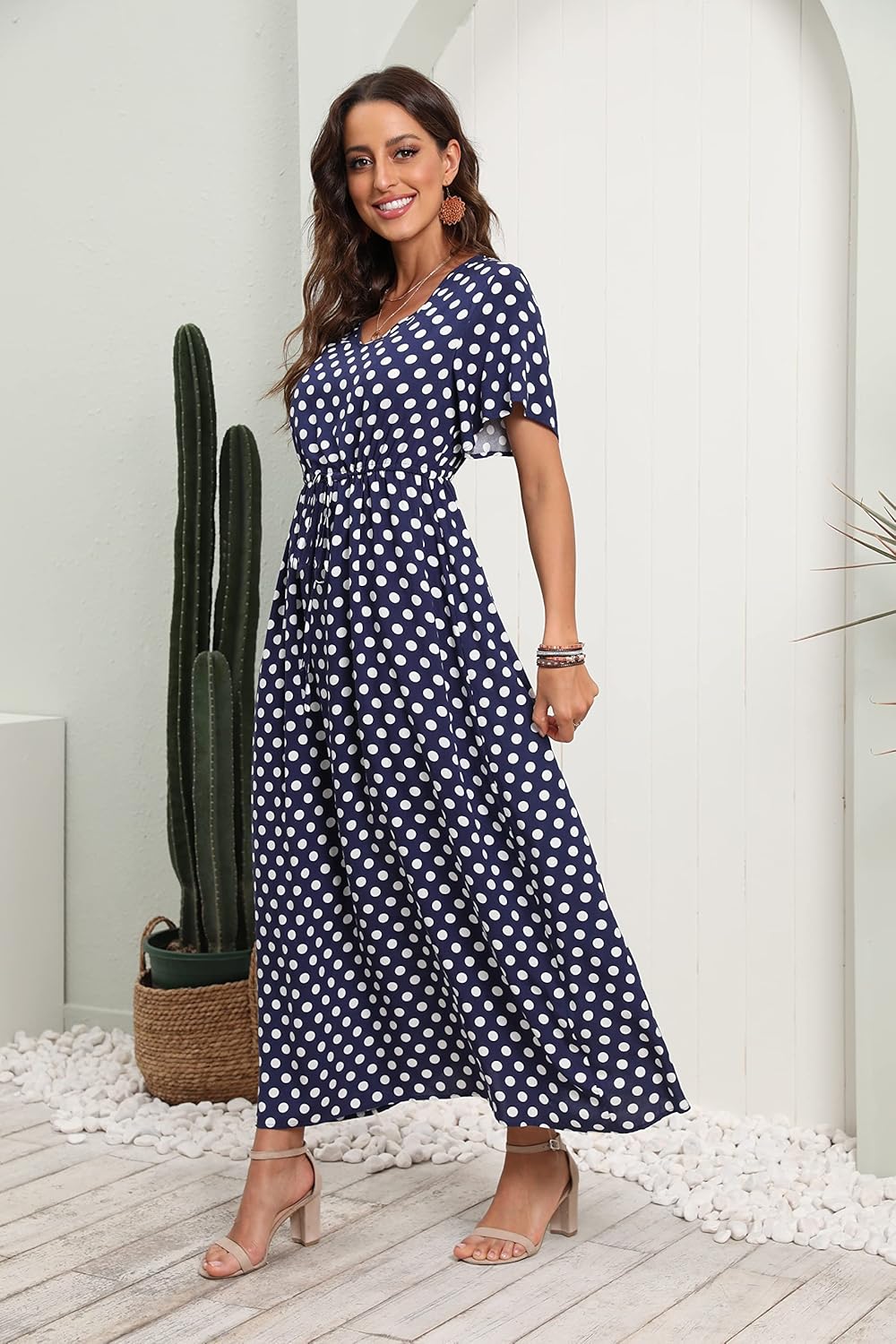 Womens Summer Maxi Boho Beach Dress Floral Print Dress V Neck Short Sleeve Drawstring High Waist Flowy Long Midi Dresses Britstyle Boutique