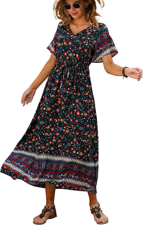 Womens Summer Maxi Boho Beach Dress Floral Print Dress V Neck Short Sleeve Drawstring High Waist Flowy Long Midi Dresses Britstyle Boutique