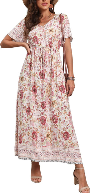 Womens Summer Maxi Boho Beach Dress Floral Print Dress V Neck Short Sleeve Drawstring High Waist Flowy Long Midi Dresses Britstyle Boutique