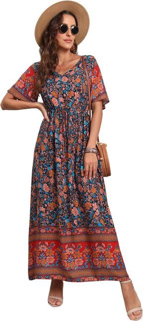 Womens Summer Maxi Boho Beach Dress Floral Print Dress V Neck Short Sleeve Drawstring High Waist Flowy Long Midi Dresses Britstyle Boutique