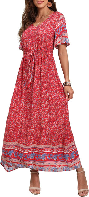 Womens Summer Maxi Boho Beach Dress Floral Print Dress V Neck Short Sleeve Drawstring High Waist Flowy Long Midi Dresses Britstyle Boutique