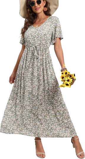 Womens Summer Maxi Boho Beach Dress Floral Print Dress V Neck Short Sleeve Drawstring High Waist Flowy Long Midi Dresses Britstyle Boutique