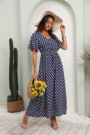 Womens Summer Maxi Boho Beach Dress Floral Print Dress V Neck Short Sleeve Drawstring High Waist Flowy Long Midi Dresses Britstyle Boutique