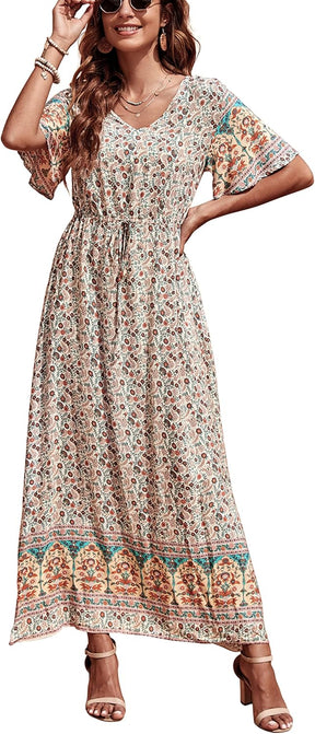 Womens Summer Maxi Boho Beach Dress Floral Print Dress V Neck Short Sleeve Drawstring High Waist Flowy Long Midi Dresses Britstyle Boutique