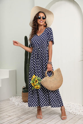 Womens Summer Maxi Boho Beach Dress Floral Print Dress V Neck Short Sleeve Drawstring High Waist Flowy Long Midi Dresses Britstyle Boutique