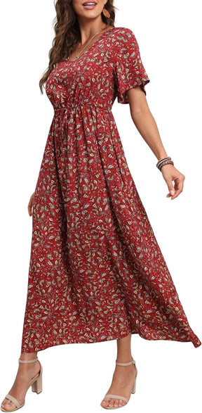 Womens Summer Maxi Boho Beach Dress Floral Print Dress V Neck Short Sleeve Drawstring High Waist Flowy Long Midi Dresses Britstyle Boutique
