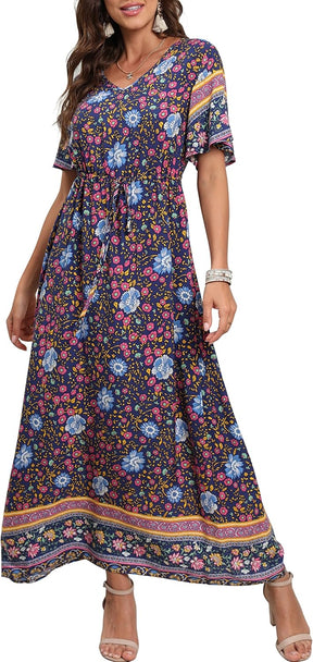 Womens Summer Maxi Boho Beach Dress Floral Print Dress V Neck Short Sleeve Drawstring High Waist Flowy Long Midi Dresses Britstyle Boutique