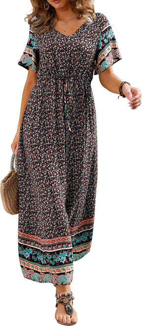 Womens Summer Maxi Boho Beach Dress Floral Print Dress V Neck Short Sleeve Drawstring High Waist Flowy Long Midi Dresses Britstyle Boutique
