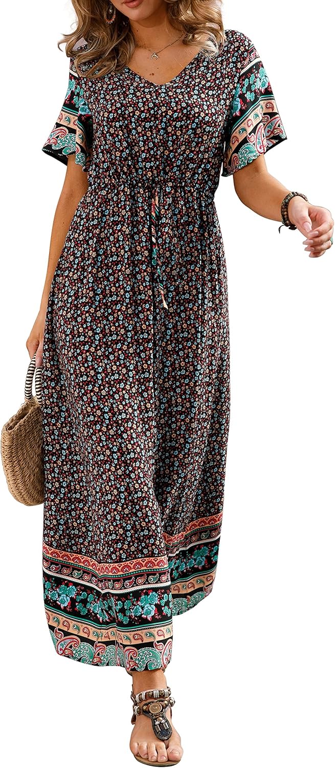Womens Summer Maxi Boho Beach Dress Floral Print Dress V Neck Short Sleeve Drawstring High Waist Flowy Long Midi Dresses Britstyle Boutique