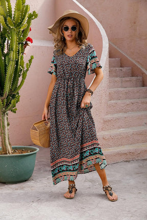 Womens Summer Maxi Boho Beach Dress Floral Print Dress V Neck Short Sleeve Drawstring High Waist Flowy Long Midi Dresses Britstyle Boutique