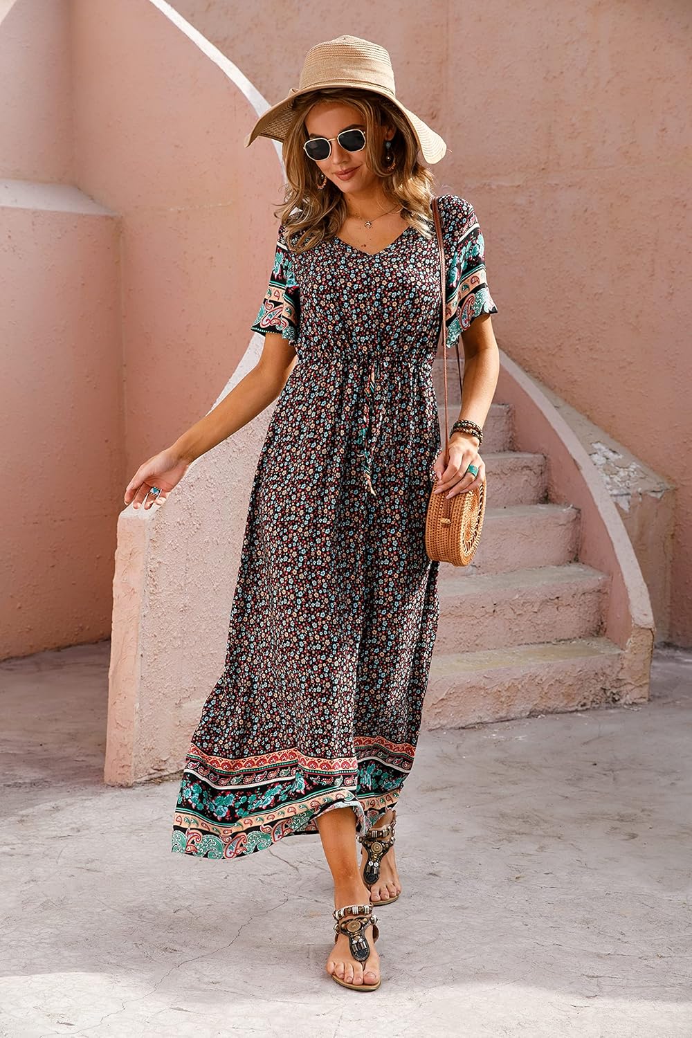Womens Summer Maxi Boho Beach Dress Floral Print Dress V Neck Short Sleeve Drawstring High Waist Flowy Long Midi Dresses Britstyle Boutique