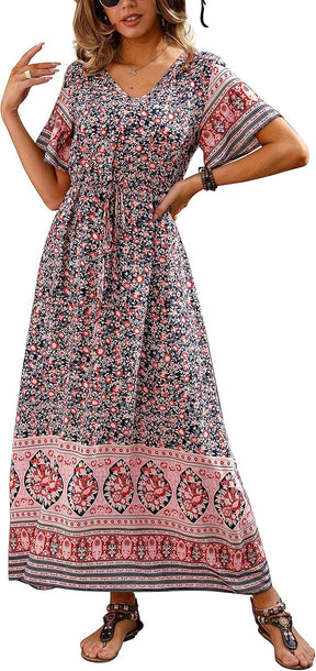 Womens Summer Maxi Boho Beach Dress Floral Print Dress V Neck Short Sleeve Drawstring High Waist Flowy Long Midi Dresses Britstyle Boutique