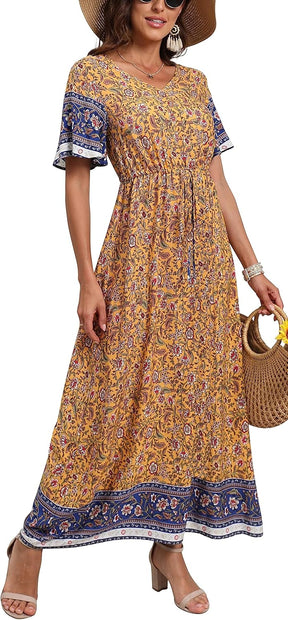 Womens Summer Maxi Boho Beach Dress Floral Print Dress V Neck Short Sleeve Drawstring High Waist Flowy Long Midi Dresses Britstyle Boutique